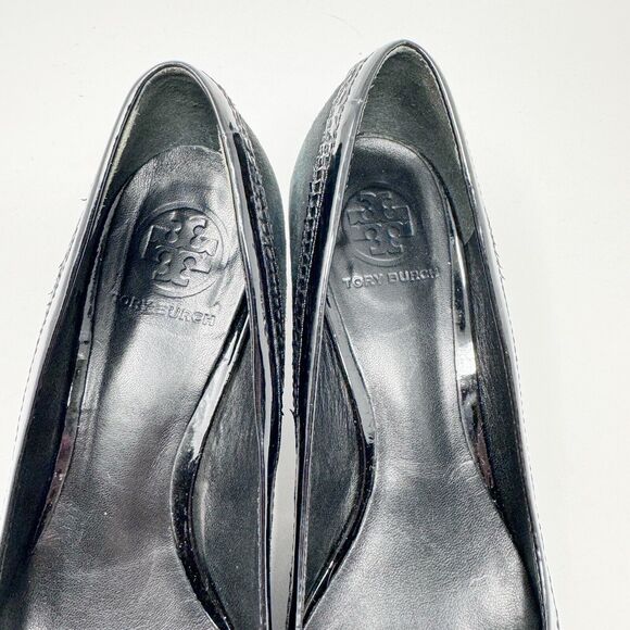 Tory Burch Frannie Reva Pumps 8.5 Black Suede Croc Trim Silver Logo Block Heels - Picture 10 of 14